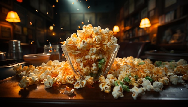 Foto serata cinematografica al chiuso snack gourmet bevande rinfrescanti atmosfera accogliente generata dall'intelligenza artificiale