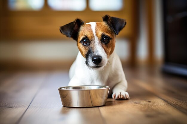 Indoor pet adorable Jack Russell dog eagerly awaits meal in bowl at home