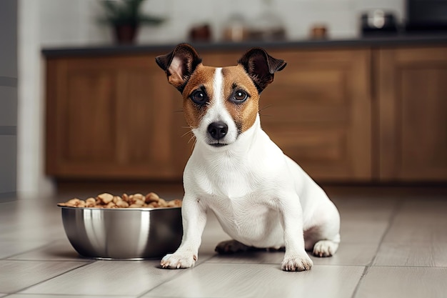Indoor pet adorable Jack Russell dog eagerly awaits meal in bowl at home