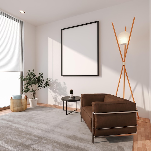 Indoor plant and coffee table on wooden floor with blank poster frame and empty white concrete wall