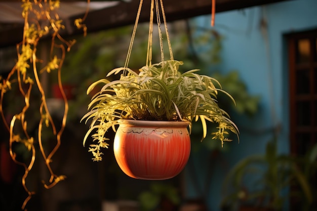 庭の壁にぶら下がっている鉢の室内植物