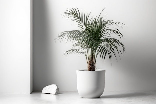 Photo indoor plant in a pot on a white table the ornamental areca palm dypsis lutescens