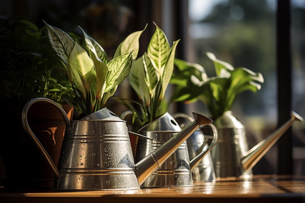 indoor plant pots and watering cans on bokeh style background
