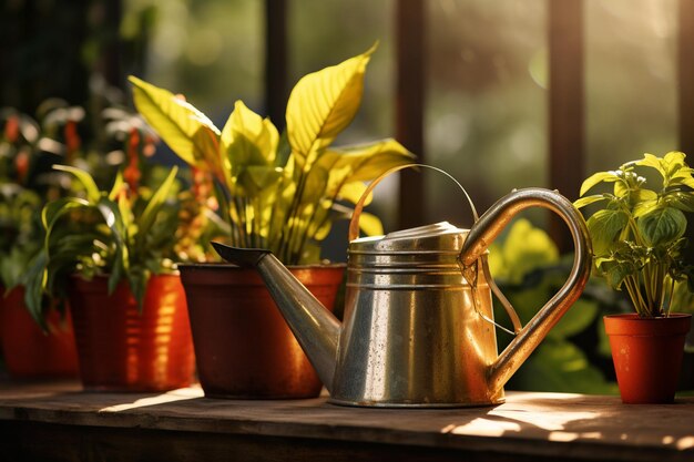 indoor plant pots and watering cans on bokeh style background