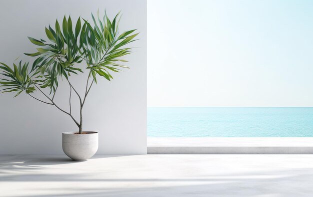 Indoor plant on white floor with empty concrete wall