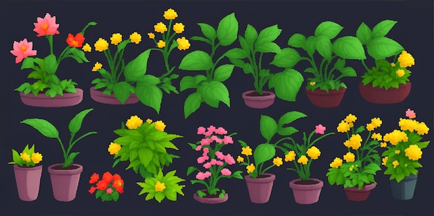 Indoor plants on a dark background a set of illustrations