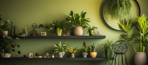 Indoor plants on a shelf mirror decorative details Home gardening interior design Biophilic urban jungle concept