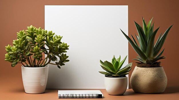 Photo indoor plants and a white metal container on a wood surface offering a natural and minimalist aesthetic