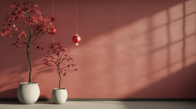 indoor plants with red lanterns in brightly lit room during daylight