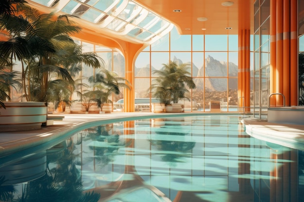 Indoor pool clear water orange interior daytime