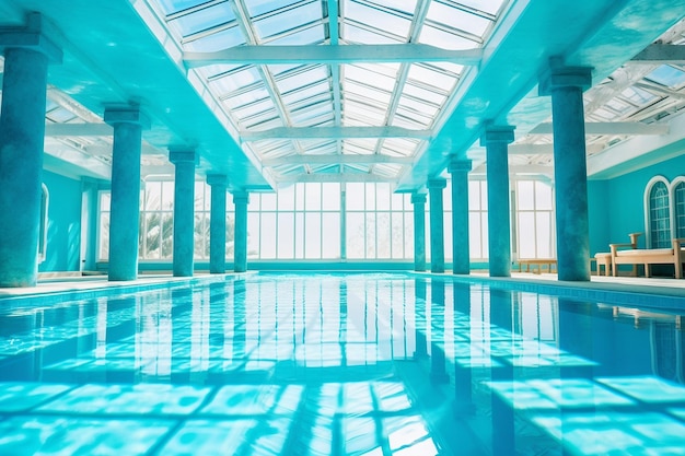 An indoor pool with a glass ceiling