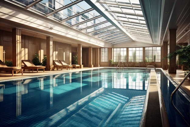 An indoor pool with a glass ceiling