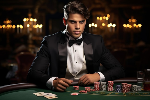 Indoor Portrait A Relaxed Young Man Engaged in Casino Gambling Skillfully Playing Blackjack with C