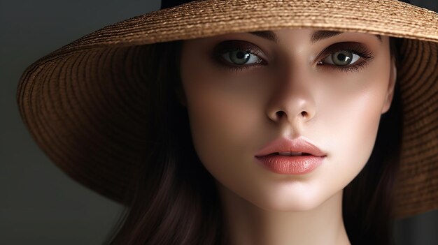 indoor portrait of a young beautiful fashionable girl wearing hat generative AI