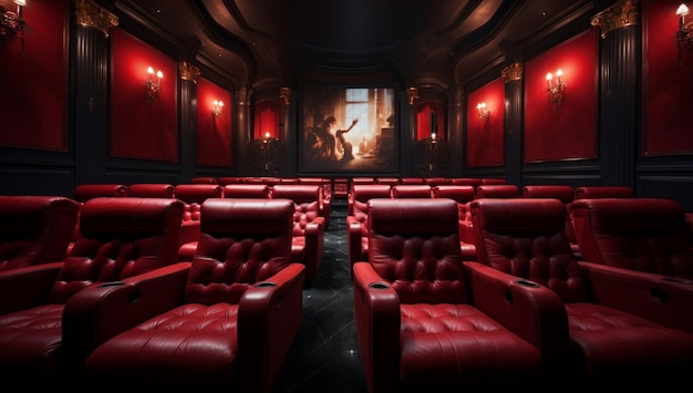 Photo indoor premiere dark room seat auditorium entertainment film show red chairs nobody comfortable movie cinema projector empty theatre interior rows audience theater