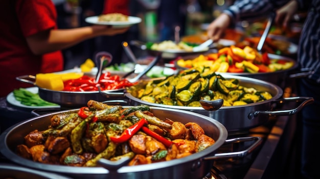 Indoor restaurant setting where a group of people is catering buffet food including meats colorful fruits and vegetables