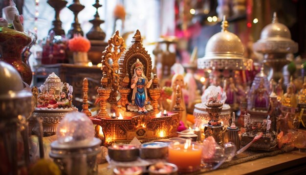 An indoor shot of an elaborately decorated altar for Ram Navami