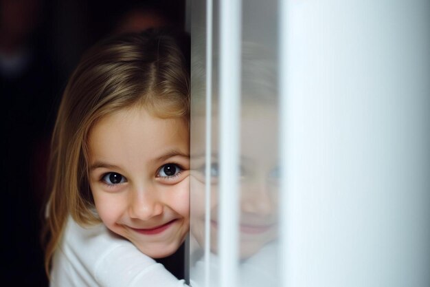 indoor shot of funny adorable european little year old girl playing hide and seek in modern kitchen