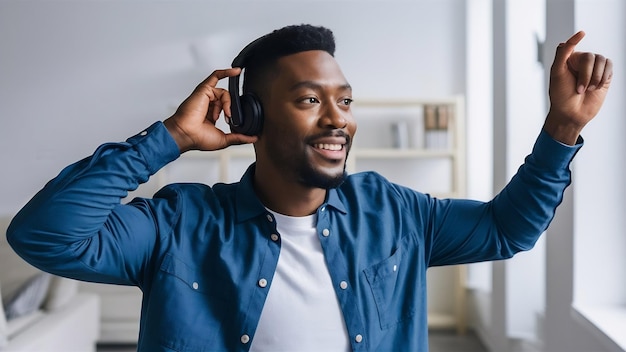 Indoor shot of happy black man has upbeat mood listens to music via wireless headphones enjoys favo