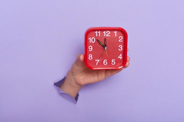 보라색 배경 시간에 구멍에 빨간색 알람 시계를 들고 있는 인간의 손의 실내 사진 마감 시간
