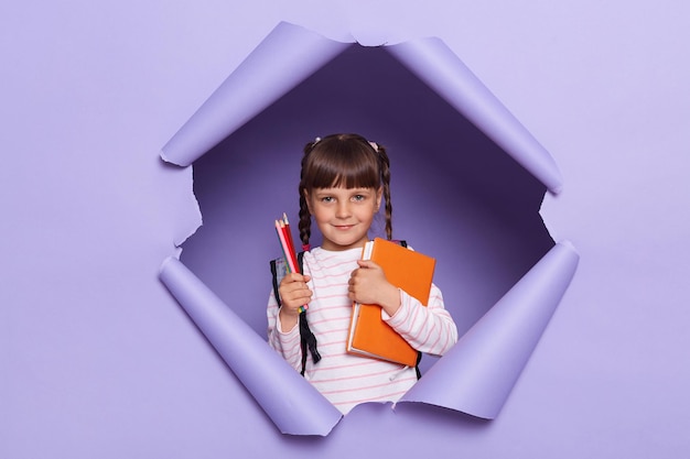 L'inquadratura in interni di una bambina con le trecce che indossa una camicia a righe si rompe attraverso lo sfondo di carta viola che tiene il libro e le penne pronte per andare a scuola e studiare in attesa dell'inizio della lezione