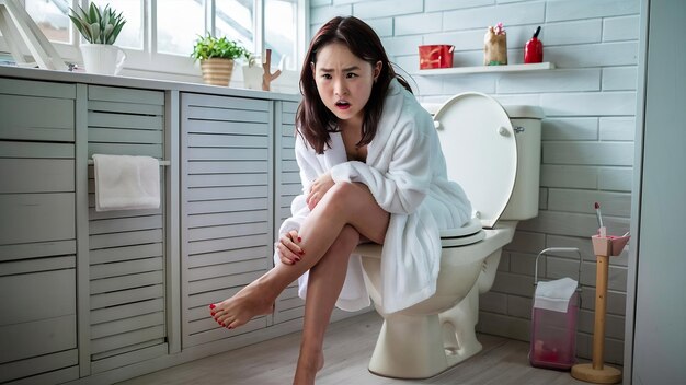 사진 불행한 젊은 아시아 여성의 실내 촬영, 어두운 머리카락, 면도 다리, 불쾌한 표정