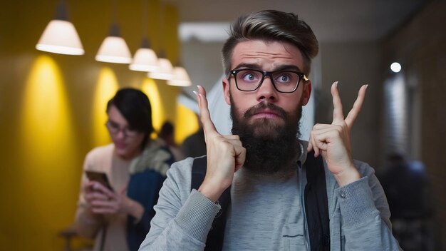 Photo indoor shot of upset bearded young man looks with miserable expression aside thinks about somethin