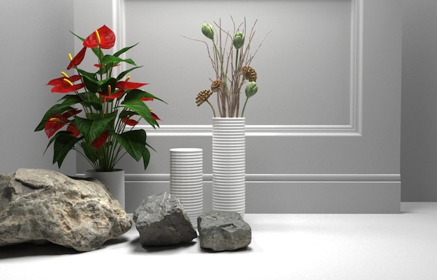 Indoor stone flowers and decorations against wall background