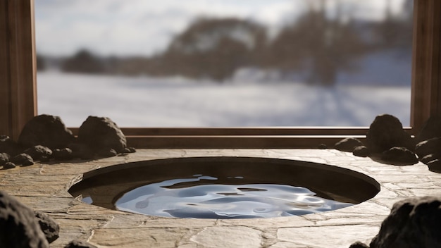 Indoor stone Onsen against the window with snow view traditional hot jacuzzi in Japanese style