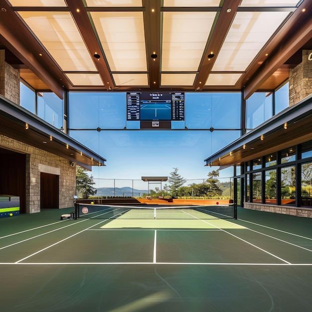 Indoor tennis court with large windows and a screen displaying tennis Indoor tennis court with large windows and a screen displaying tennis