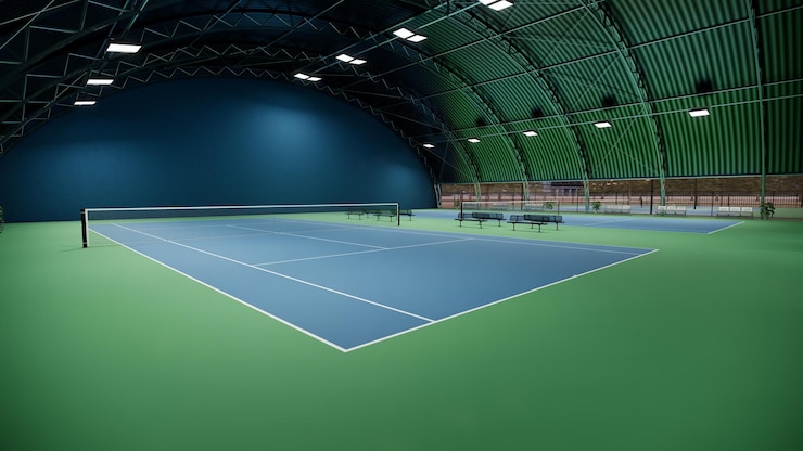 Photo indoor tennis court with a vibrant blue and green surface with lights and lined with benches