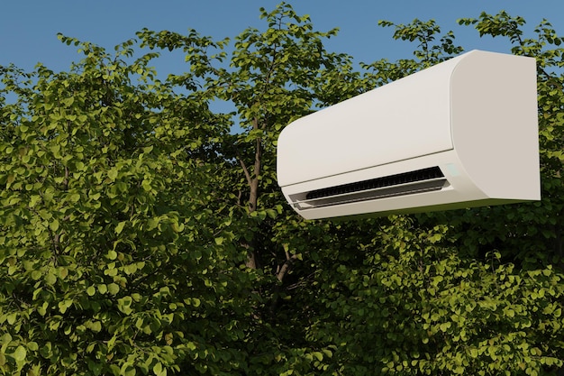 the indoor unit of the air conditioner against the background of trees 3d