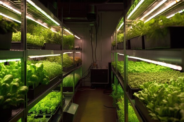 Indoor urban farm with energyefficient led lighting created with generative ai