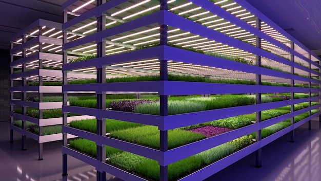 Indoor vertical farm Hydroponic microgreens plant factory Plants grow with led lights Sustainable agriculture for future food 3d illustration