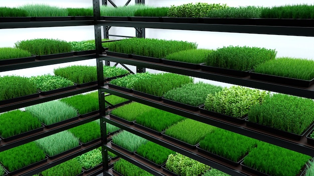 Indoor vertical farm Spice and seasoning Parsley dill basil onion rosemary mint thyme Hydroponic microgreens plant factory Led lights 3d illustration