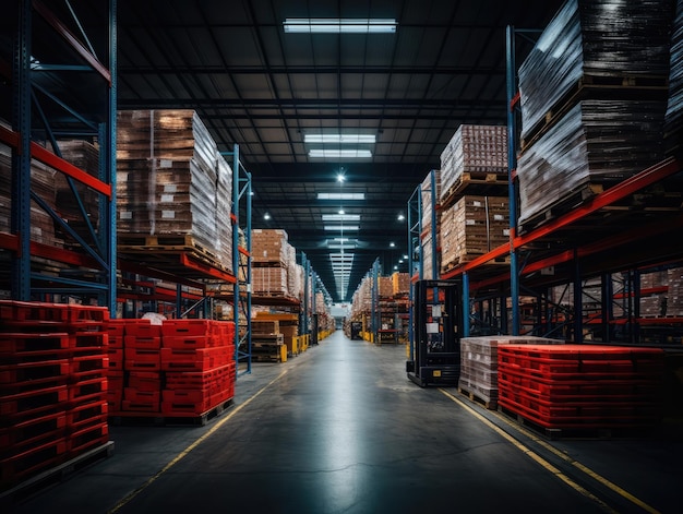 An indoor warehouse with boxes and parcels on the rack light from bulbs arranged in an orderly manner Generative AI