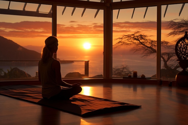 Photo indoor yoga practice at sunset casts a ware