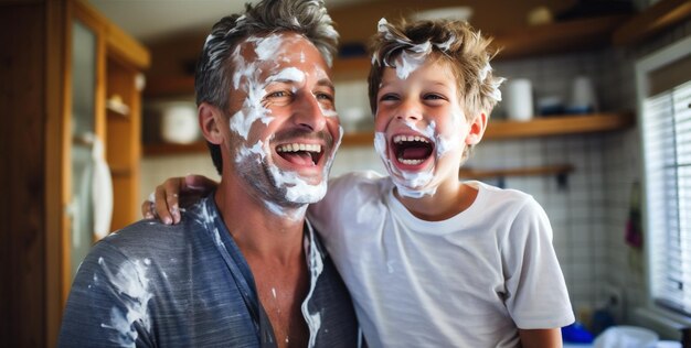 Photo indoors adorable together bathroom children toddler water smiling father happy morning cream family childhood