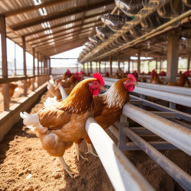 Photo indoors chicken farm chicken feeding