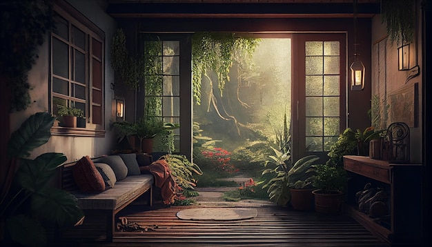 Indoors modern home interior with plant and wood generative AI