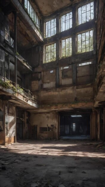 Indoors of an old large abandoned facility