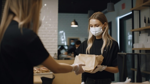 Photo indoors a young woman gives money to pay for food delivery generative ai