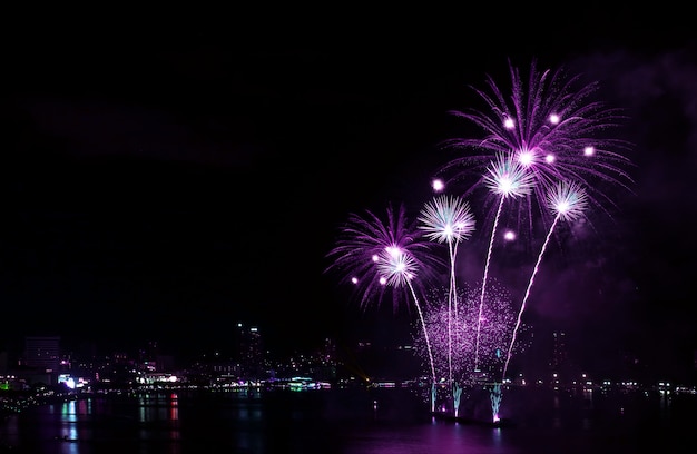 Indrukwekkend levendig paars kleurenvuurwerk dat in de nachthemel over de haven spettert