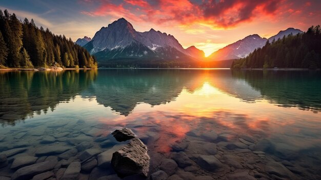 Indrukwekkende zomer zonsopgang op het Eibsee met Zugspitze met een prachtig dakraam