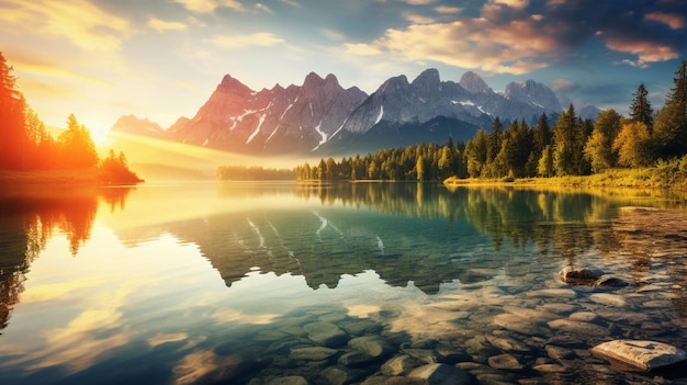 Indrukwekkende zomer zonsopgang op het Eibsee met Zugspitze met een prachtige zonsondergang