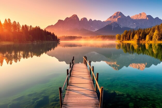 Foto indrukwekkende zomerse zonsopgang op het eibsee-meer met de bergketen zugspitze