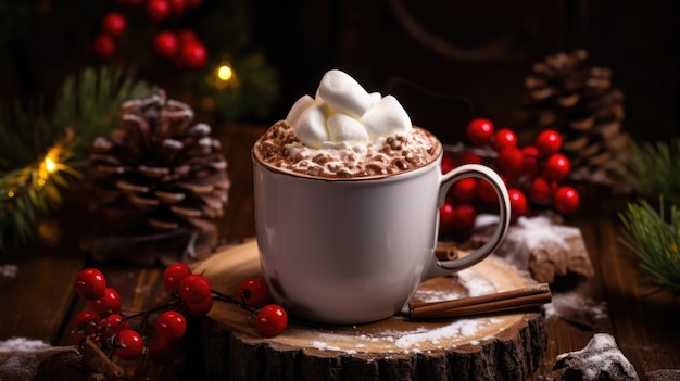 Побалуйте себя рождественским блаженством с горячим шоколадом и пушистым зефиром. Идеальный зимний напиток.