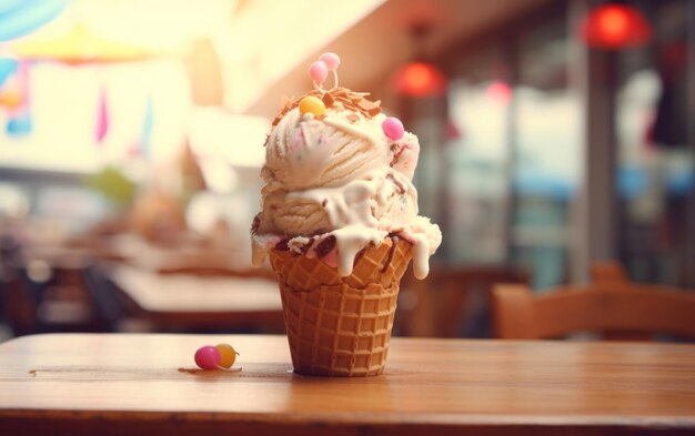 Indulge in a delightful ice cream cone on a wooden table with soft focus