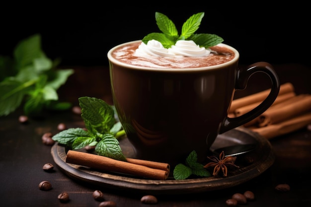 Indulge in a Festive Delight with Homemade Hot Chocolate with Mint in a Cozy Black Mug