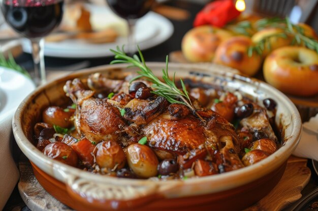 フランス の 伝統 を 楽しむ Coq au Vin 料理 の 傑作